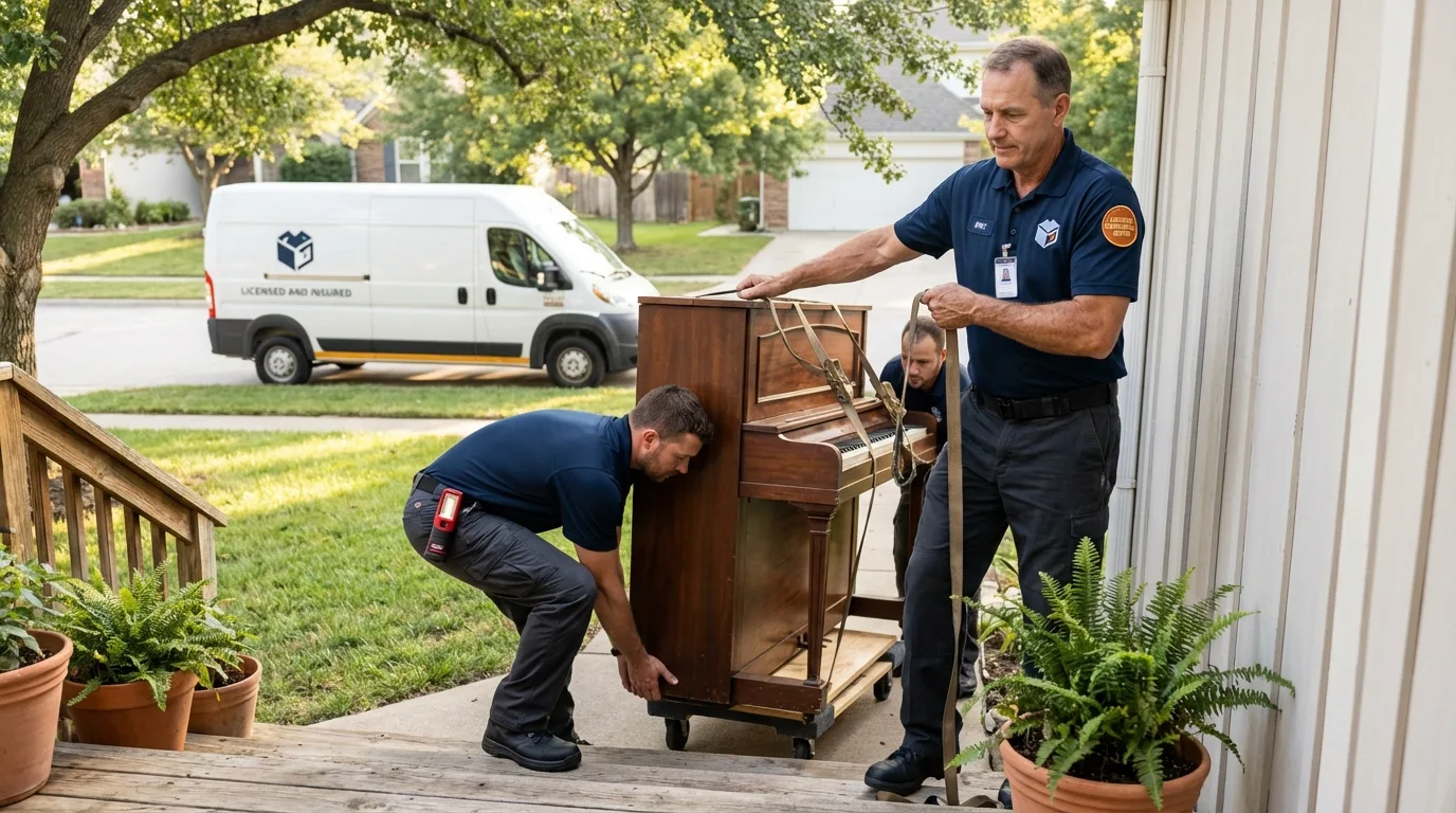 Licensed piano movers securing grand piano in Locust, NC