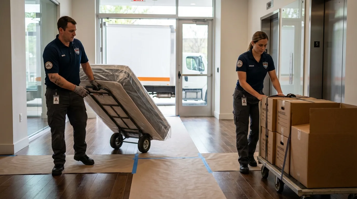 Professional apartment movers loading elevator in Locust, NC